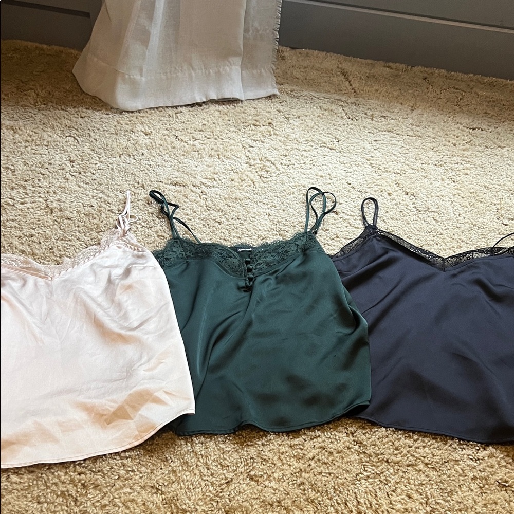 Abercrombie Bundle!! Lace Trim Satin Cami Tank Tops. Black, green, and cream